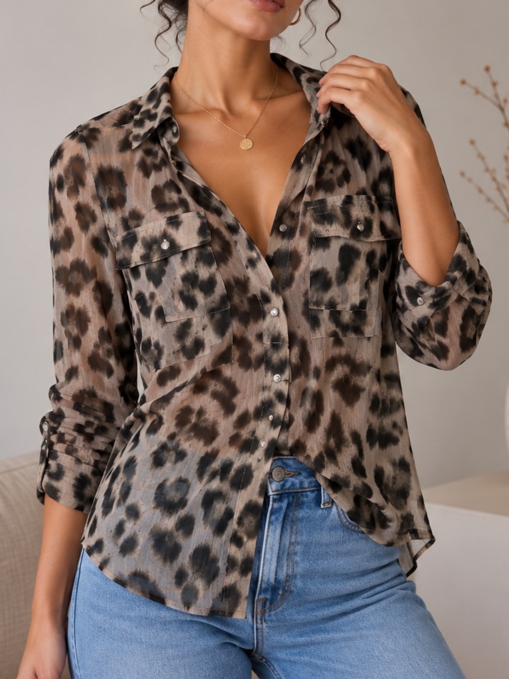 Leopard Print Button-Front Women's Top — Taupe/Black